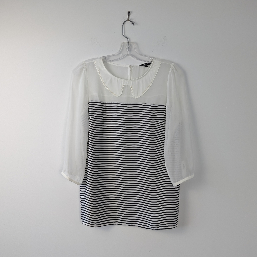 Women's Koton Sheer White Blouse with Black Stripes and Collared Neck Size 36